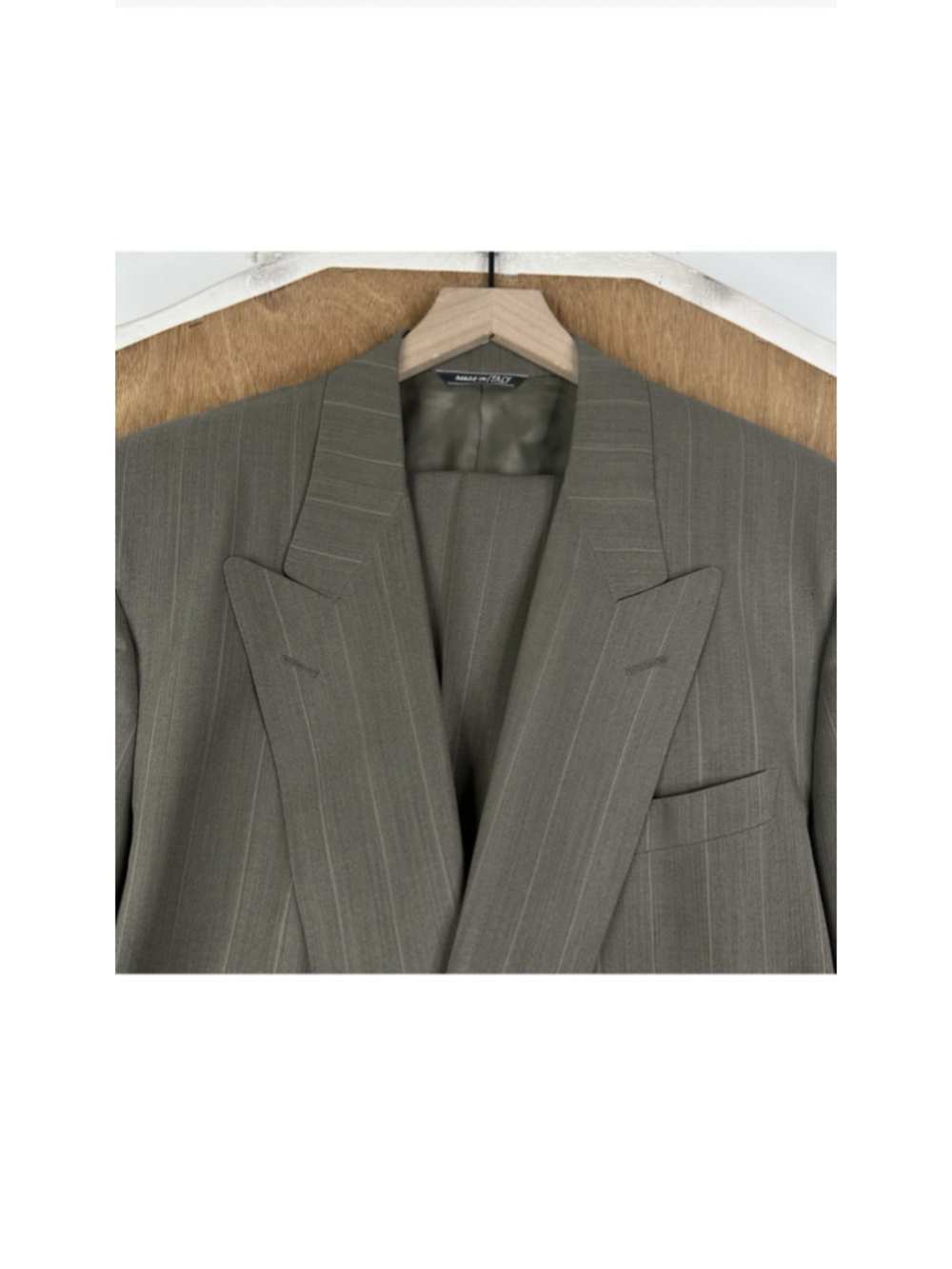 VTG Canali Suit Mens 46L Olive Green Double Breasted Pinstripe Wool Pants 34x32